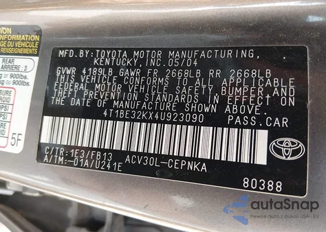 2004 Toyota Camry Le from USA, damaged, VIN 4T1BE32KX4U923090